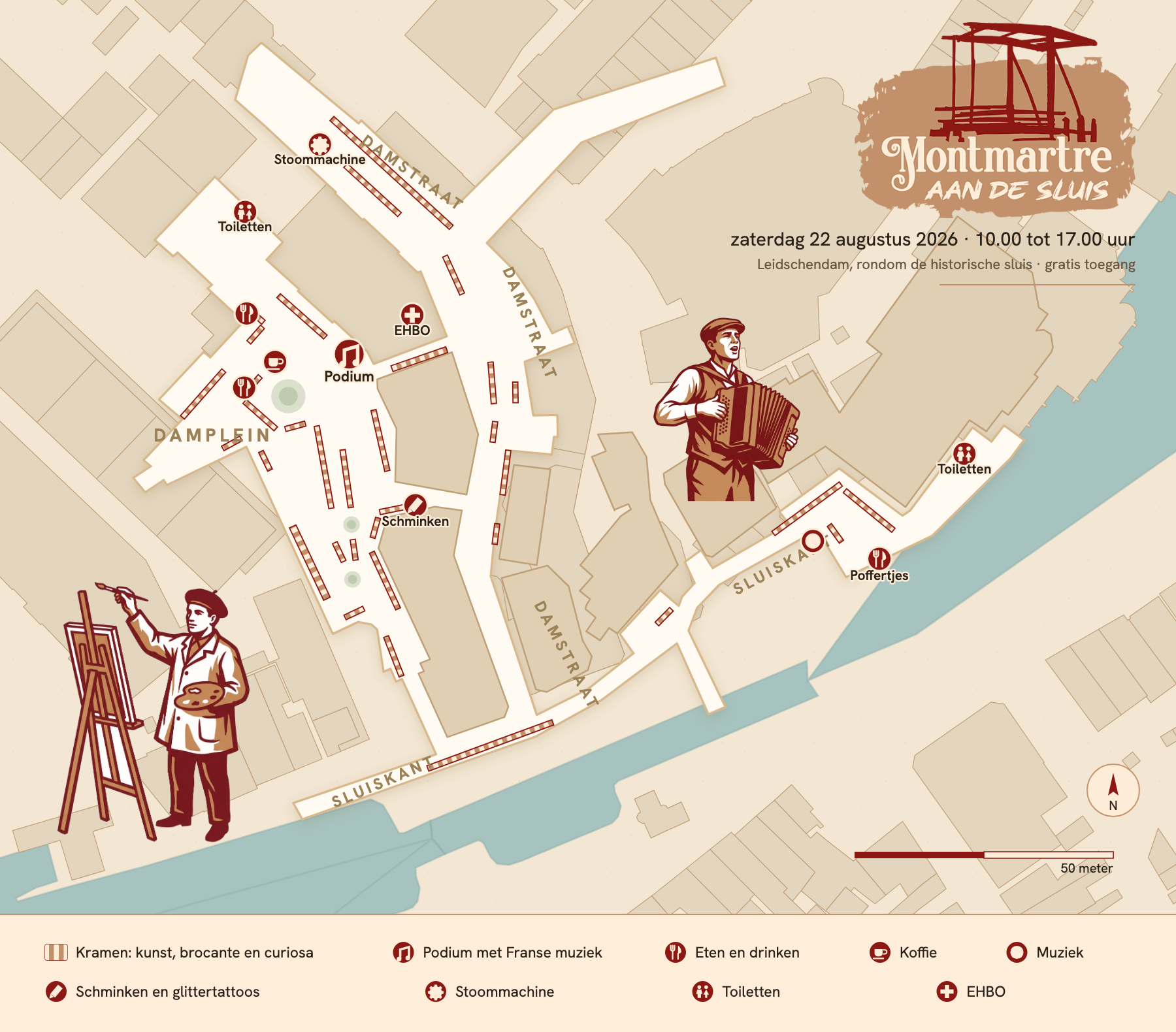 Plattegrond van Montmartre aan de Sluis, met de kramen, het podium en de faciliteiten rond de sluis en het Damplein